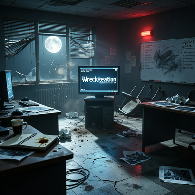 Заброшенная студия разработки игр с монитором, показывающим провалившуюся гоночную игру Wreckreation, символизирующая кризис Three Fields Entertainment.