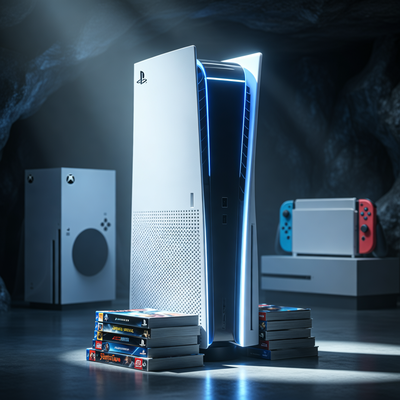 Доминирующая консоль PlayStation 5 в розничном пространстве с физическими играми, символизирующая лидерство Sony на российском рынке в 2025 году.