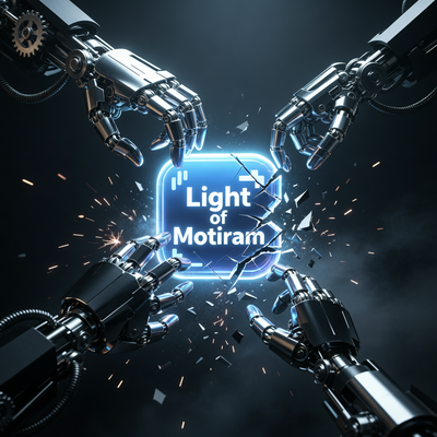 Драматическая сцена в цифровом ландшафте, где иконка игры 'Light of Motiram' стирается механическими руками, символизируя урегулирование спора о плагиате между Tencent и Sony.