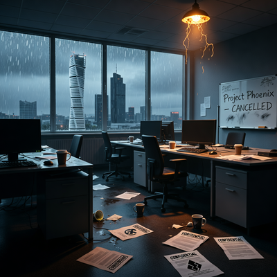 Пустой офис в Мальмё с документами на столах и драматическим освещением, символизирующий сокращения в Sharkmob на фоне закрытия Bloodhunt.