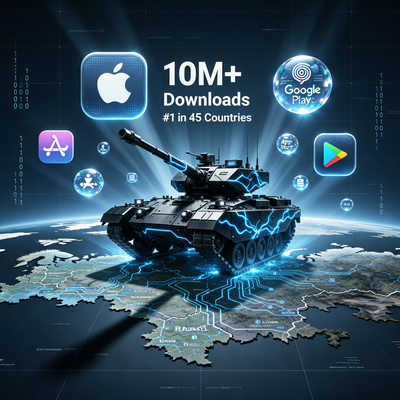 Мощный танк в кинематографичном стиле на фоне карты мира с иконками магазинов приложений, символизирующий глобальный успех игры Tanks Blitz.