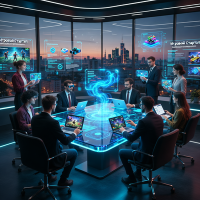 Футуристический хаб акселератора игровой индустрии с разработчиками, представляющими проекты инвесторам при драматическом освещении.