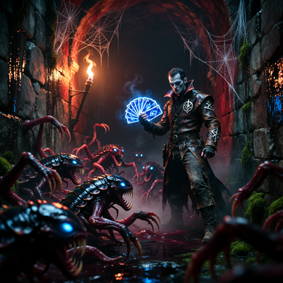 Вампирский охотник в готическом подземелье держит светящуюся колоду карт, противостоя теням ползучих монстров при драматическом свете факелов.