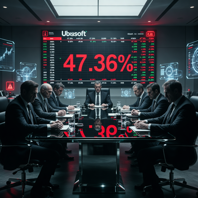 Драматичная сцена в корпоративном зале заседаний Ubisoft с цифровым биржевым тикером, показывающим резкое падение акций на 47,36%, подчеркивающая кризис и напряженность в компании.