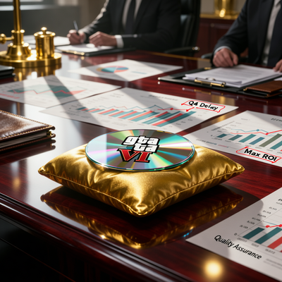 Полированный диск GTA VI на золотой подушке в кабинете с финансовыми графиками, символизирующий стратегический перенос ради качества на фоне устойчивых доходов Take-Two.