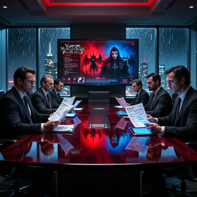 Драматичная сцена в ночном зале заседаний: на экране презентация по игре Vampire: The Masquerade — Bloodlines 2, аналитики обсуждают бюджет проекта при контрастном освещении.