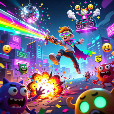 Динамичная сцена из игры SWORDFORMER: персонаж с мечом, стреляющим лазерами, в хаотичном окружении с взрывающимися врагами и диско-котом, сочетающая 2D-фон и 3D-модели.