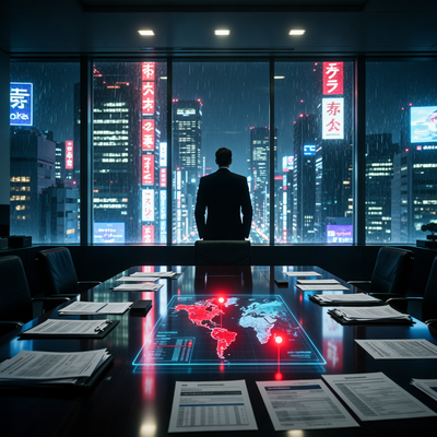 Драматичная сцена в корпоративном зале заседаний Square Enix в Токио ночью, с документами о реструктуризации и голографической картой закрытия студий, символизирующая болезненный переход компании.