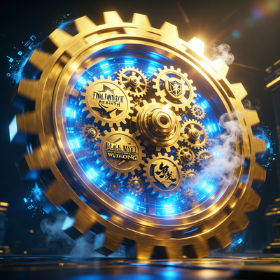 Кинематографичное изображение гигантского золотого механизма-шестерни, символизирующего рост игровой индустрии и рекордную выручку Steam, с подсветкой и логотипами популярных игр.