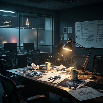 Пустой офис студии разработки игр в сумерках, на столе разбросаны концепт-арты The Division и схемы движка Snowdrop, освещение драматичное.
