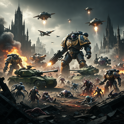 Эпичная сцена из вселенной Warhammer 40,000, показывающая масштабное сражение с детализированными воинами и техникой в мрачном футуристическом стиле.