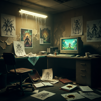 Заброшенный офис игровой студии с разбросанными артами и пыльным монитором, символизирующий закрытие Leikir Studio из-за прагматизма холдингов.