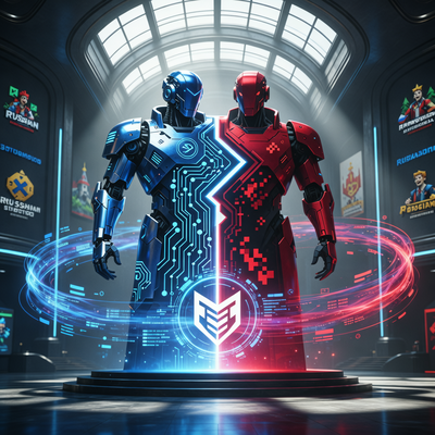 Символическое изображение консолидации игровой индустрии России: две компании объединяются в мощную ассоциацию под драматическим освещением.