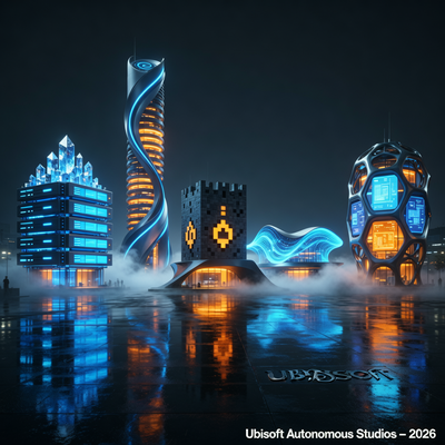 Пять творческих домов Ubisoft в виде архитектурных структур с драматическим освещением, символизирующих реструктуризацию компании в 2026 году.