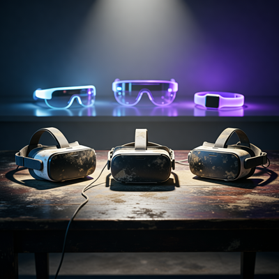 Три заброшенных VR-шлема на столе с драматическим освещением, символизирующие закрытие студий, и умные очки с браслетами на фоне, отражающие переход Meta к носимой электронике.