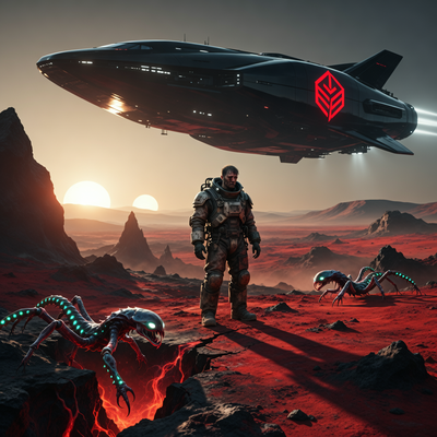 Иллюстрация к игре StarRupture: заключенный-добытчик на враждебной планете под прицелом корпоративного корабля, окруженный инопланетной фауной.