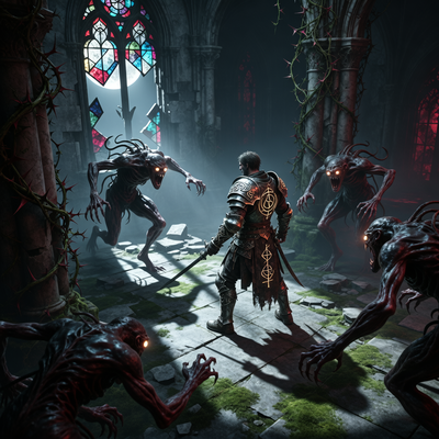 Изометрическая сцена из мрачной фэнтези-игры No Rest for the Wicked: воин в детализированных доспехах сражается с чудовищами в готической атмосфере с драматическим освещением.