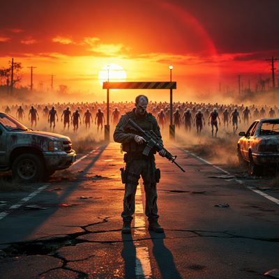 Одинокий охранник на контрольно-пропускном пункте в зомби-апокалипсисе, с драматическим освещением заката и приближающейся толпой зомби.