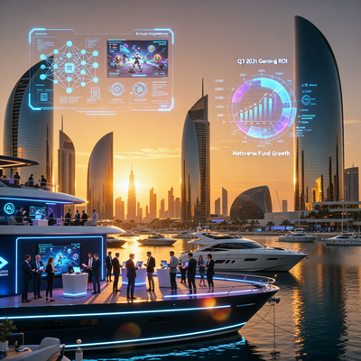 Футуристическая сцена конференции WN Abu Dhabi'26 в ОАЭ на закате, профессионалы игровой индустрии общаются на яхтах на фоне современной архитектуры и голографических дисплеев с темами геймдева.