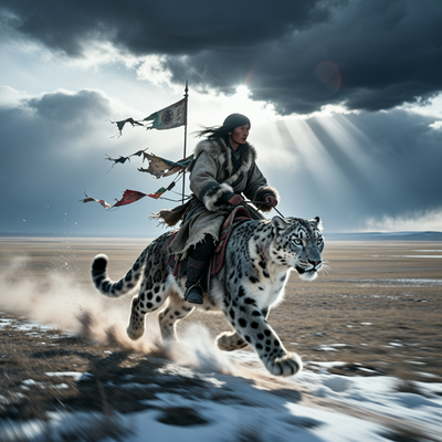 Одинокий всадник на снежном барсе скачет по бескрайней казахской степи под драматичным, грозовым небом, символизируя провал амбициозного проекта.