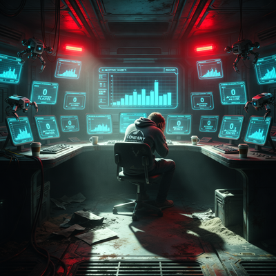 Пустой футуристический командный центр космической станции с одиноким разработчиком на фоне графиков падения игроков, символизирующий провал игры Wildgate и сокращения в Moonshot Games.