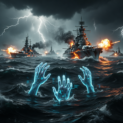 Драматичная сцена морского боя в игре 'Мир кораблей' с символичным изображением шестипалых рук, выходящих из штормовых волн, олицетворяющая скандал с ИИ и разрыв коллаборации.