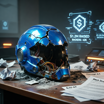 Разбитый синий роботизированный шлем в драматичном свете, символизирующий крах студии Comcept и её амбициозного проекта Mighty No. 9 на фоне угасающих цифровых символов краудфандинга.