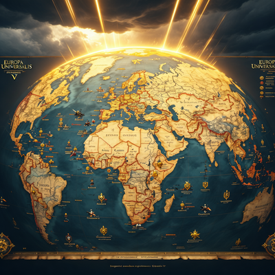 Драматическое изображение карты мира из Europa Universalis V с кинематографическим освещением, символизирующее блестящий старт игры на фоне технических проблем.