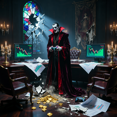 Драматическая сцена в стиле кино: вампир в роскошном кабинете держит сломанный геймпад, вокруг него рассыпаются монеты и финансовые графики, символизируя крах проекта Bloodlines 2 и падение прибыли Paradox Interactive.