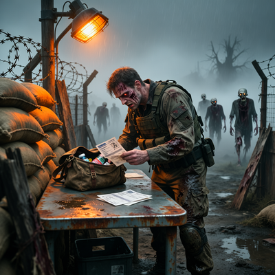 Сцена на контрольно-пропускном пункте в зомби-апокалипсисе: уставший охранник проверяет документы, а в туманном фоне виднеются фигуры зомби, создавая напряжённую атмосферу.