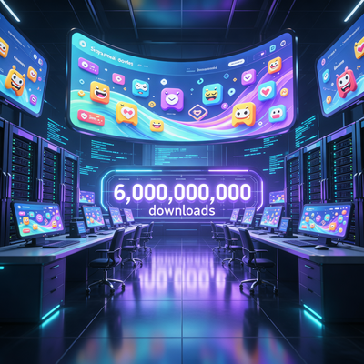 Футуристический центр управления с огромным счётчиком в 6 миллиардов загрузок игр SayGames, окружённый серверами и экранами с иконками гиперказуальных игр.