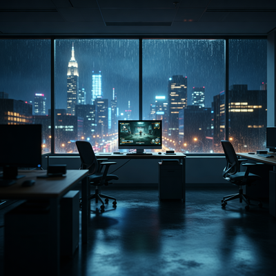 Пустой офис студии разработки игр в темноте с драматическим освещением, символизирующий волну увольнений и стратегическую перестройку NetEase Games Montréal.