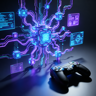 Символическое изображение перехода игровой индустрии: цифровая экосистема в фокусе, а игровой контроллер в тени, отражая рост прибыли при падении продаж консолей.