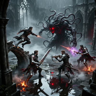 Четыре игрока в кооперативном режиме игры No Rest for the Wicked сражаются с огромным боссом в мрачном фэнтезийном мире.