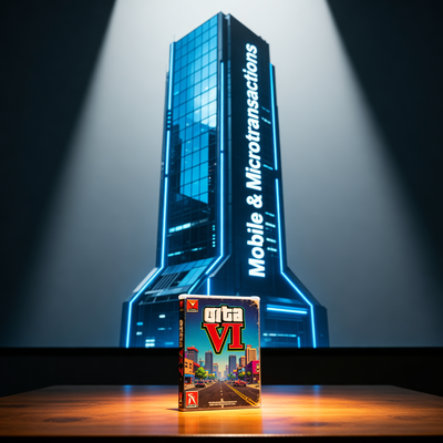 Символическое изображение доминирования мобильных игр и микротранзакций, отбрасывающих тень на будущий релиз GTA VI, в кинематографическом стиле с драматическим освещением.