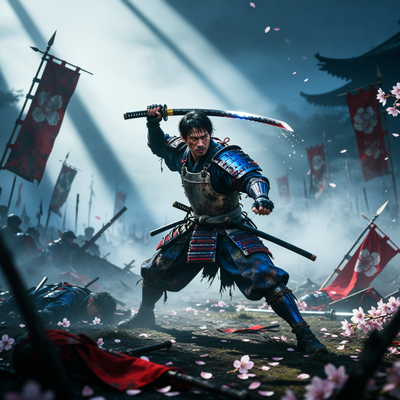 Самурай в напряженной боевой стойке на затуманенном древнем японском поле боя, символизирующий сложный и глубокий геймплей игры.