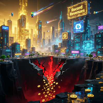 Кинематографичное изображение цифрового мегаполиса Roblox с яркими небоскребами и темными пропастями, символизирующее рекордные доходы и убытки платформы в 2025 году.