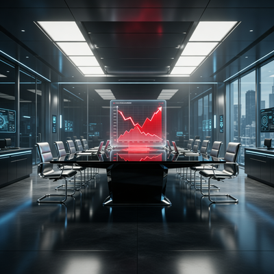 Драматическая сцена в корпоративном зале заседаний с голографическим графиком, символизирующая реструктуризацию Ubisoft и возможную продажу творческих подразделений.