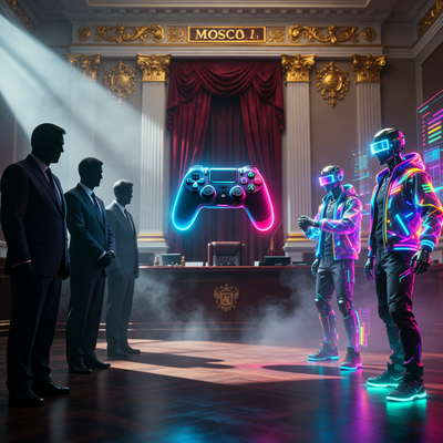 Драматическая сцена в зале Мосгордумы с символическим противостоянием между законодателями и игровой индустрией, представленным цифровым геймпадом в центре, под кинематографическим освещением.