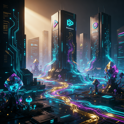 Визуализация российского игрового веба 2026 года: обширный цифровой ландшафт с монолитами крупных компаний и органическим ростом новых проектов.