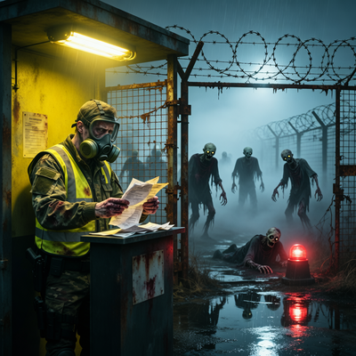 Сцена из игры Quarantine Zone: The Last Check — охранник на КПП в зомби-апокалипсисе проверяет документы при драматическом освещении, на фоне тумана видны силуэты зомби.