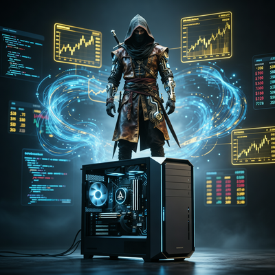 Драматичное изображение ассасина из Assassin's Creed на фоне ПК и графиков роста, символизирующее успех Ubisoft благодаря франшизе и сдвигу на ПК.