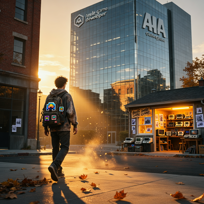 Разработчик уходит от крупной студии к маленькой инди-мастерской, символизируя выбор между AAA-блокбастером и инди-мечтой.