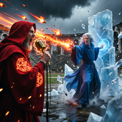 Два волшебника в эпической магической дуэли, один кричит в микрофон, вызывая огненные шары и ледяные стены с кинематографическим освещением.