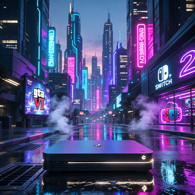 Футуристический городской пейзаж в сумерках с неоновыми огнями и игровой консолью на переднем плане, символизирующий рекордный рост игрового рынка США.