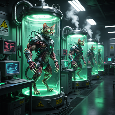 Драматичная сцена в лаборатории с мутировавшими котами в стеклянных резервуарах, подчеркивающая успех игры Mewgenics.