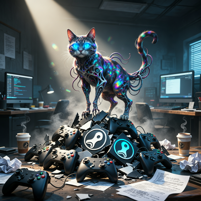 Сюрреалистичная мутировавшая кошка стоит на куче игровых контроллеров и иконок Steam, символизируя успех нишевого инди-проекта Mewgenics после долгих лет разработки.
