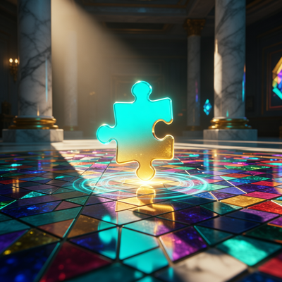 Драматичная сцена с подсвеченным пазлом, встраиваемым в сложную мозаику, символизирующая прорыв игры Brilliant Sort в топ США.