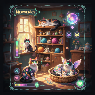 Сцена из игры Mewgenics: причудливые кошки в уютном доме с элементами симуляции жизни и селекции, символизирующая успех инди-проекта.