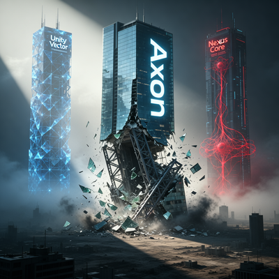 Драматическое изображение рушащегося небоскреба Axon на фоне появляющихся конкурентов Unity Vector, символизирующее падение AppLovin из-за конкуренции в игровой рекламной индустрии.